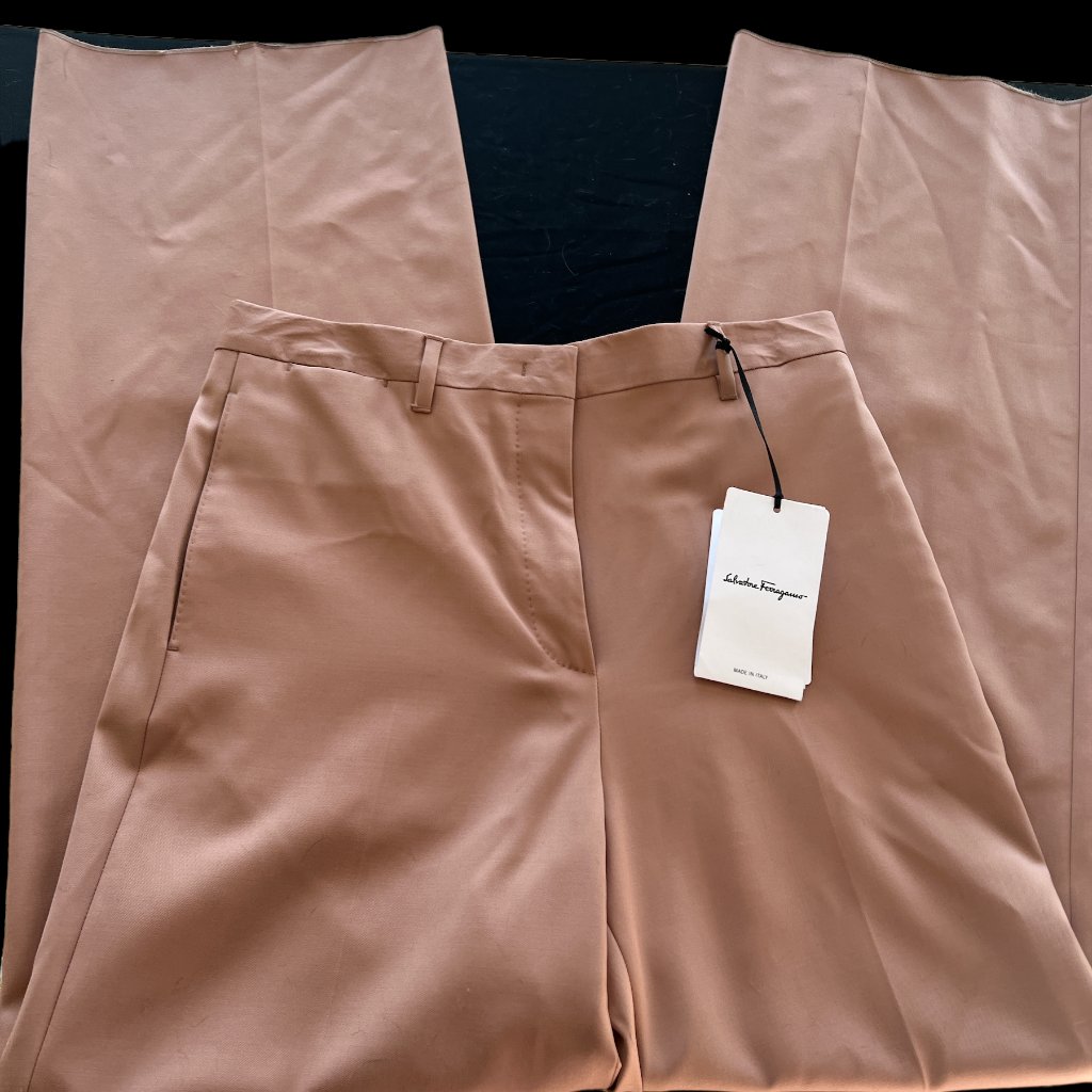 New Authentic Salvatore Ferragamo Tan 100% Wool Wide Legged Dress Pants